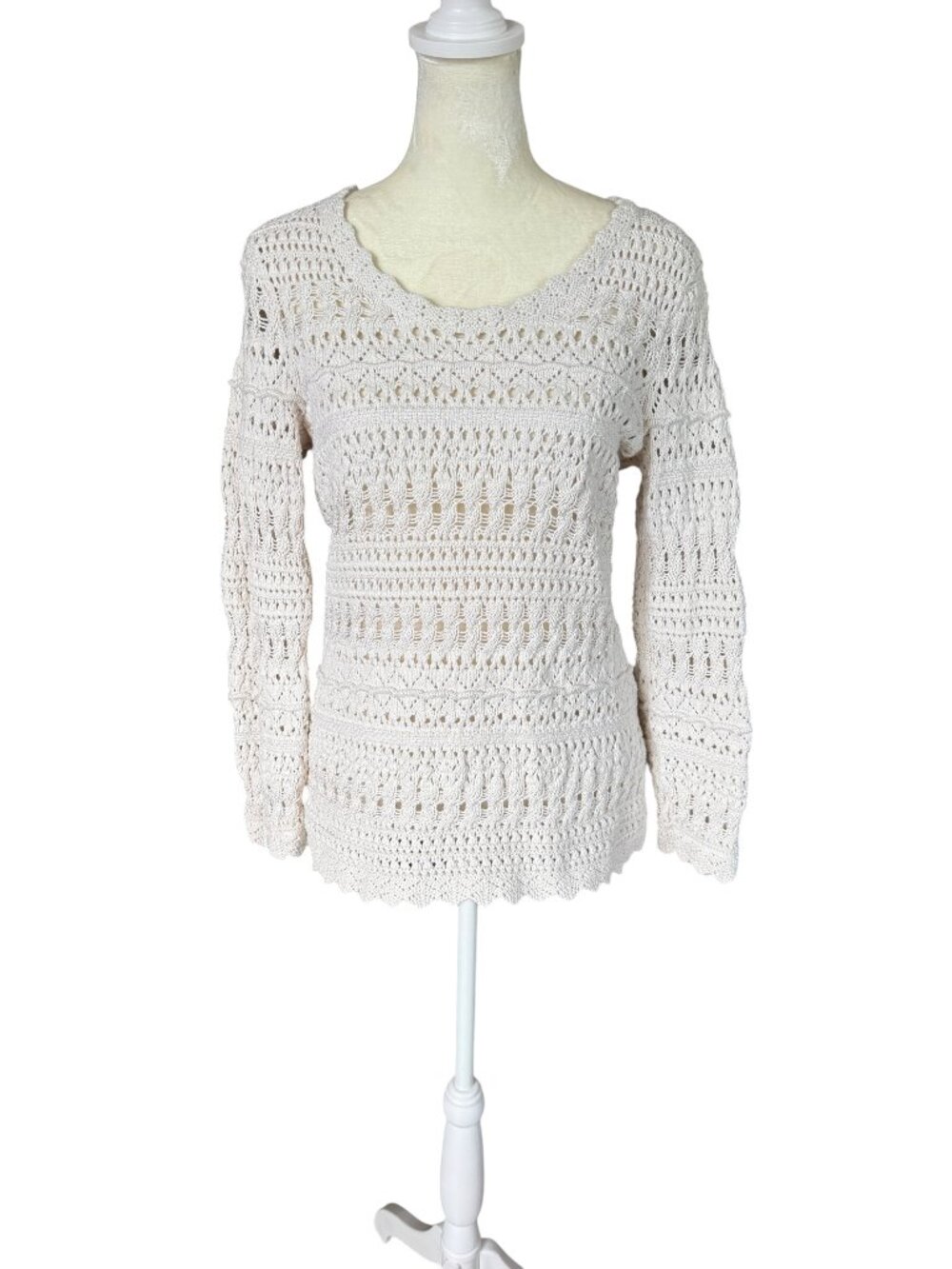 Dana Buchman ivory long sleeve open knit scoop neck pullover sweater women's S